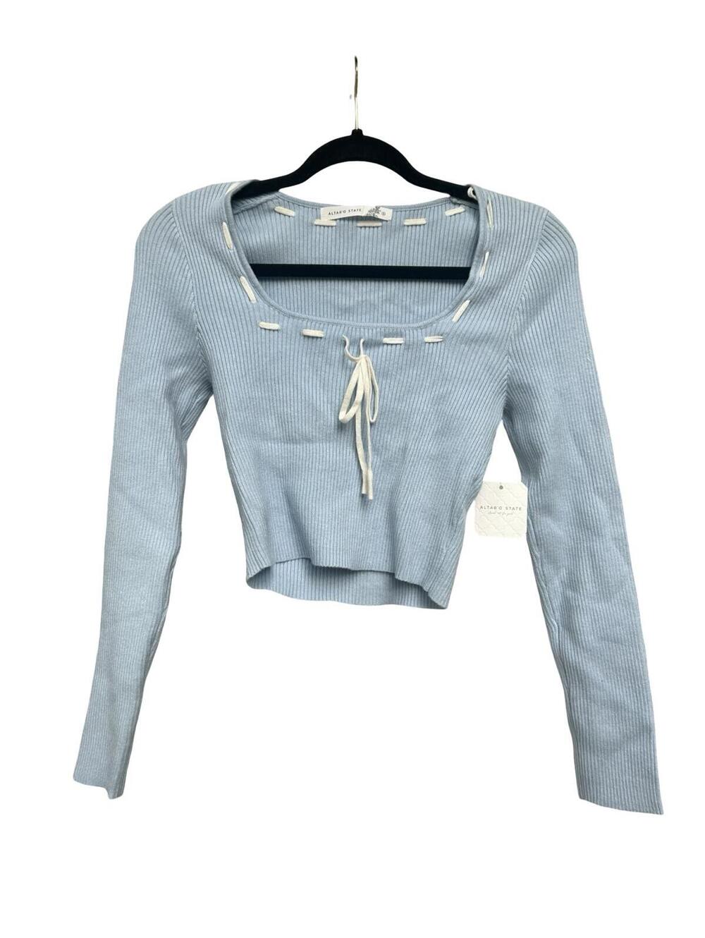 Altar’d State Crop Sweater Top Womens S Blue Ribbed Tie‎ Front NWT